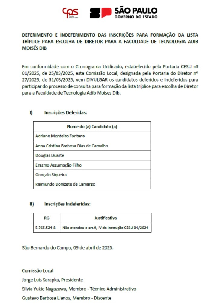 Documento Oficial, candidatos a diretor Fatec SBC, publicado dia 09/04/2025